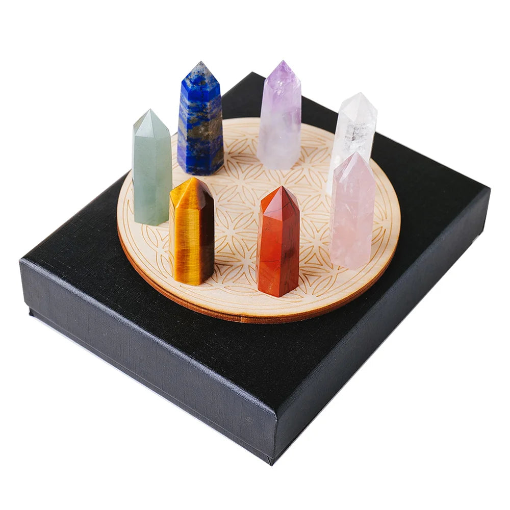 Natural Stone Hexagonal Point Seven Chakra Crystal Column Gift Box Chakras Yoga Treatment Gemstone Quartz With Wooden base