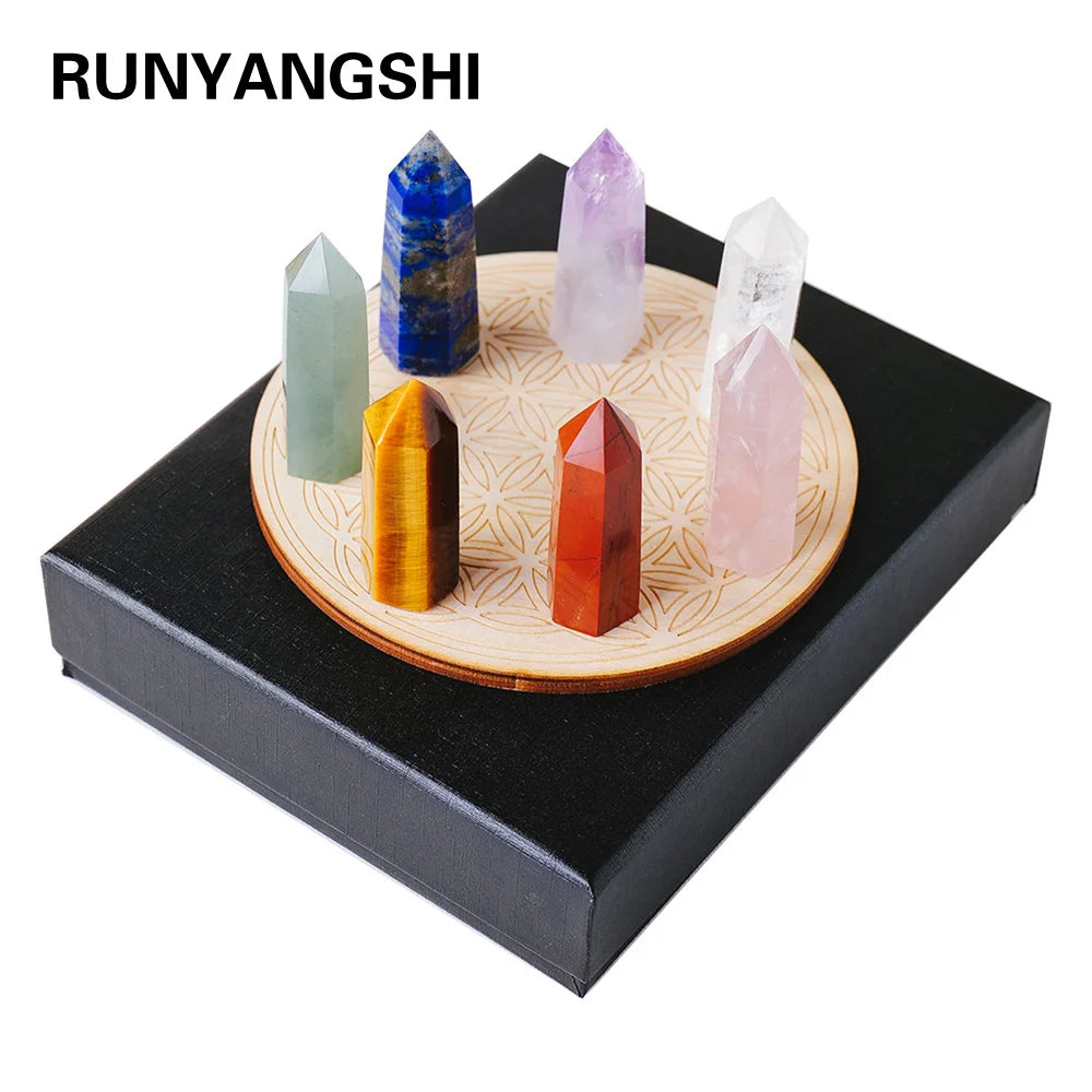 Natural Stone Hexagonal Point Seven Chakra Crystal Column Gift Box Chakras Yoga Treatment Gemstone Quartz With Wooden base