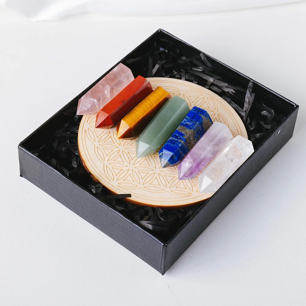 Natural Stone Hexagonal Point Seven Chakra Crystal Column Gift Box Chakras Yoga Treatment Gemstone Quartz With Wooden base