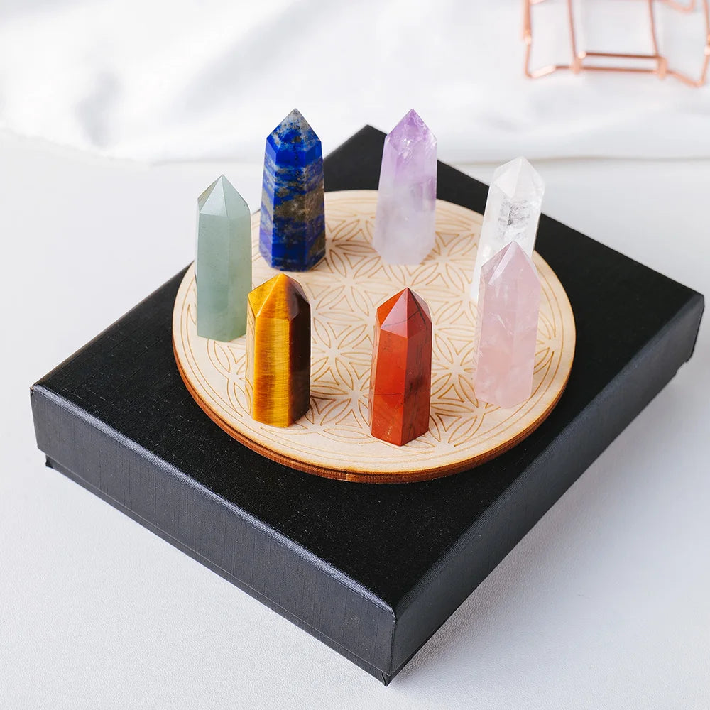 Natural Stone Hexagonal Point Seven Chakra Crystal Column Gift Box Chakras Yoga Treatment Gemstone Quartz With Wooden base