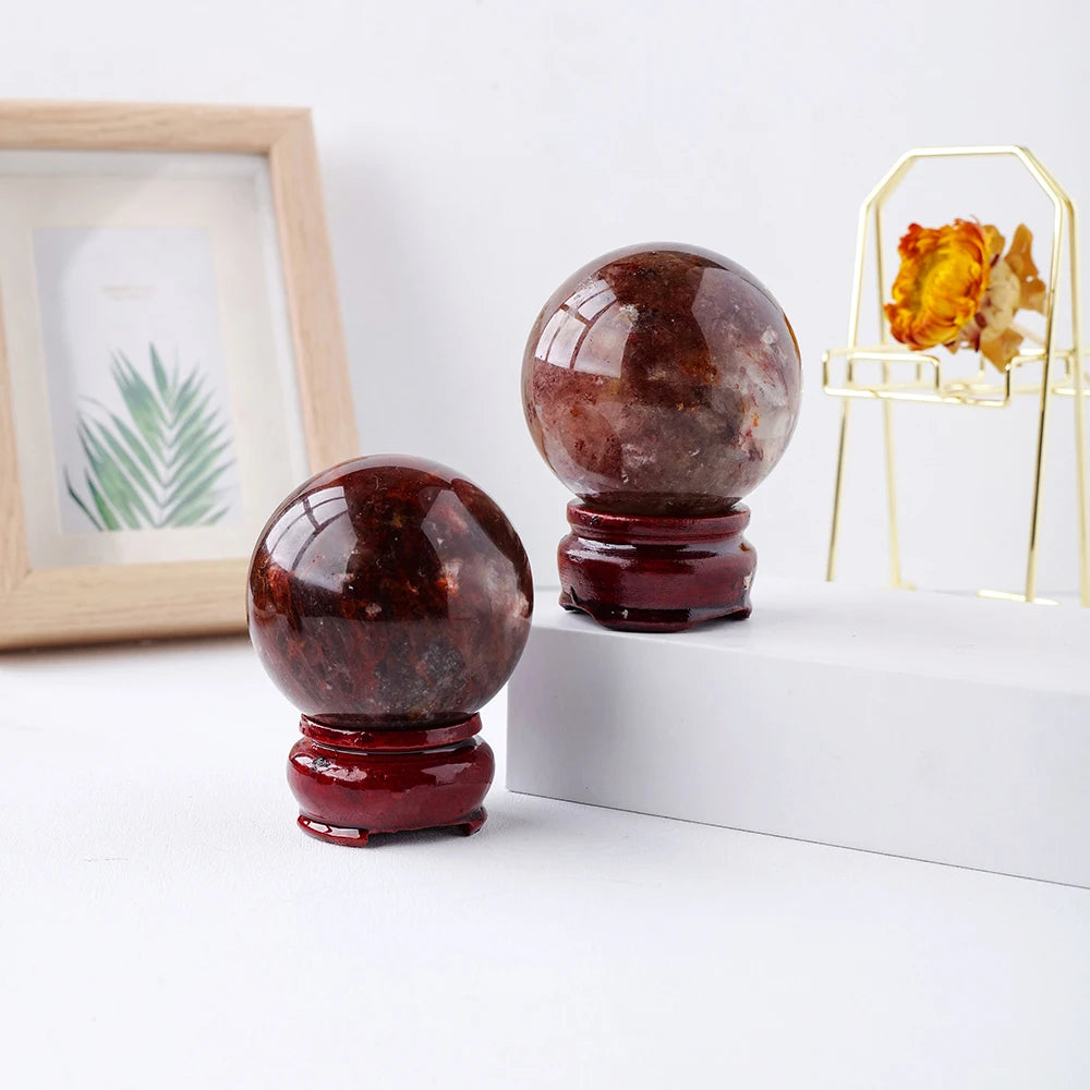 Natural Stone Red Glue Flower Crystal Ball Healing Sphere Collection Specimen FengShui Home Decor