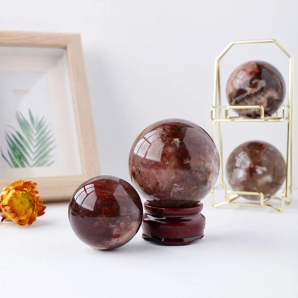 Natural Stone Red Glue Flower Crystal Ball Healing Sphere Collection Specimen FengShui Home Decor