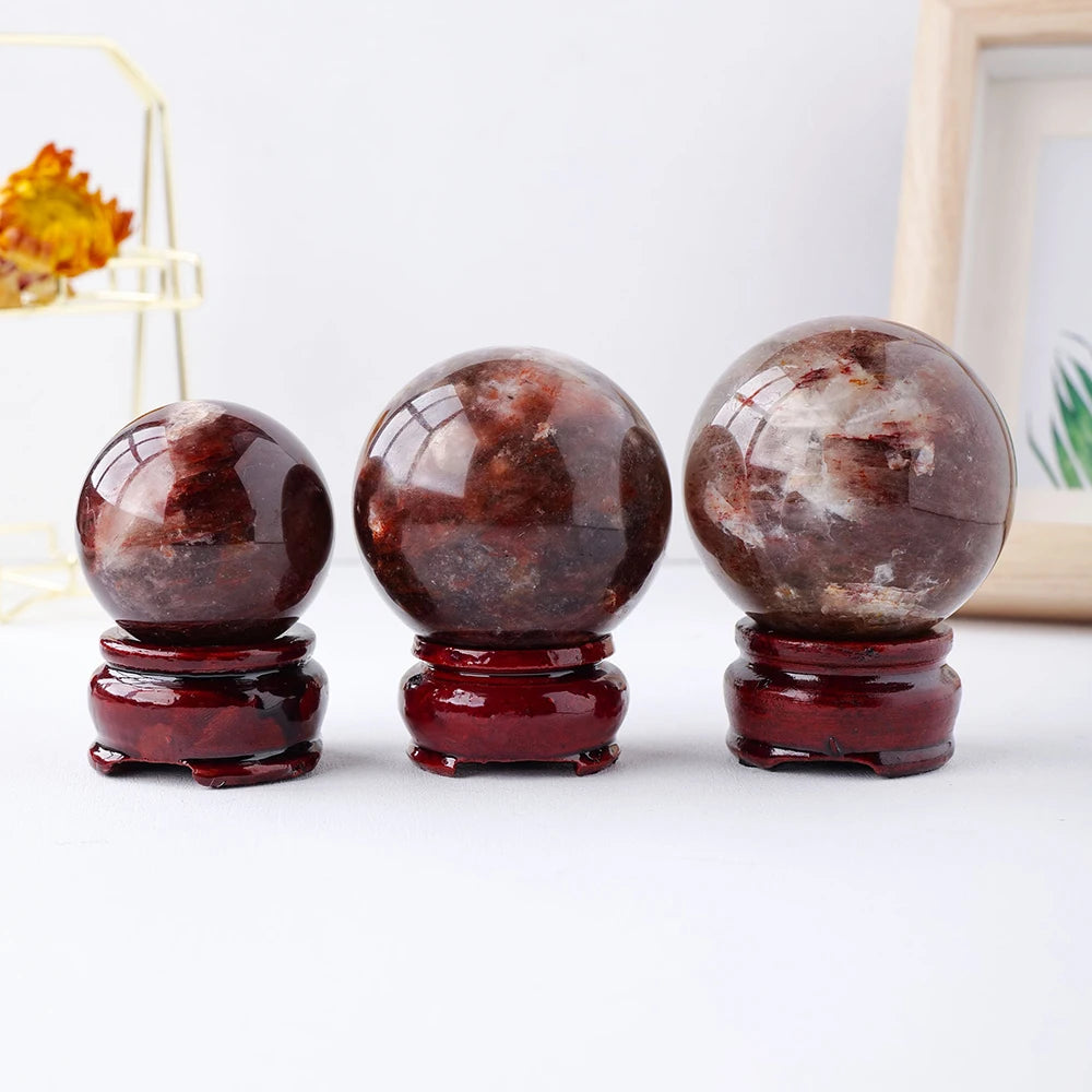 Natural Stone Red Glue Flower Crystal Ball Healing Sphere Collection Specimen FengShui Home Decor