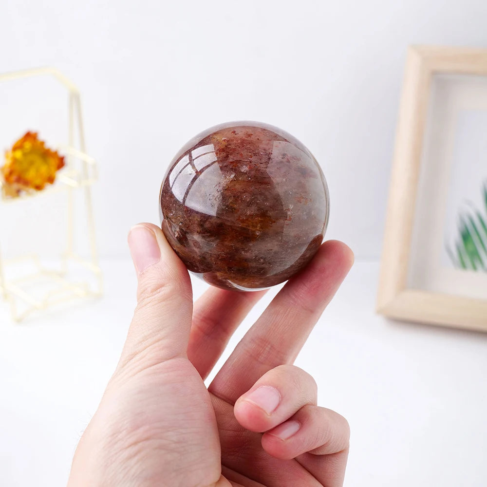 Natural Stone Red Glue Flower Crystal Ball Healing Sphere Collection Specimen FengShui Home Decor