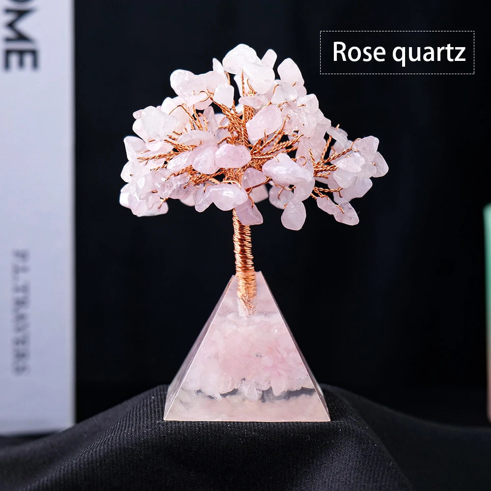 Natural Stone Rose Quartz  Orgonite Pyramid Base Crystal Tree Energy Protection Healing Meditation Reiki Chakra Feng Shui Trees