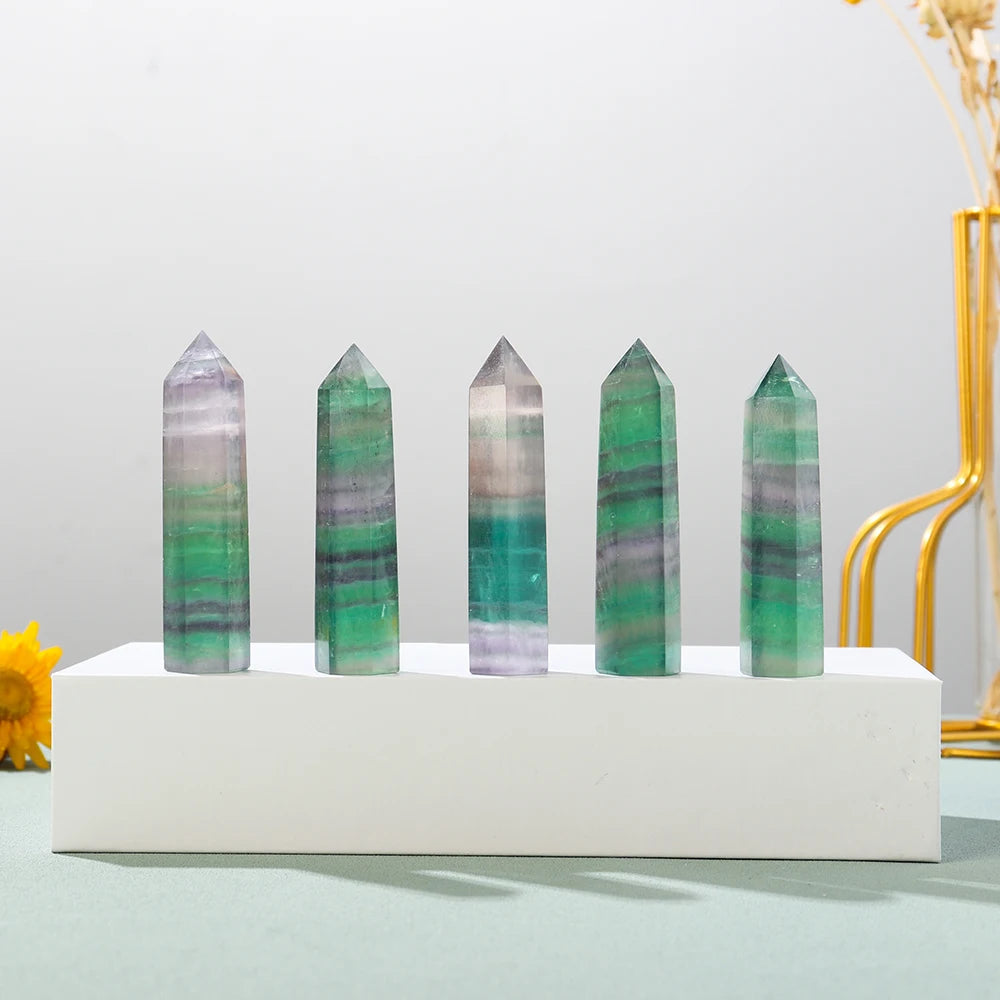 Natural Stone Striped Crystal Fluorite Hand Made Hexagonal Point with Green Fluorite Raw Magic Wand for Desktop Decoration