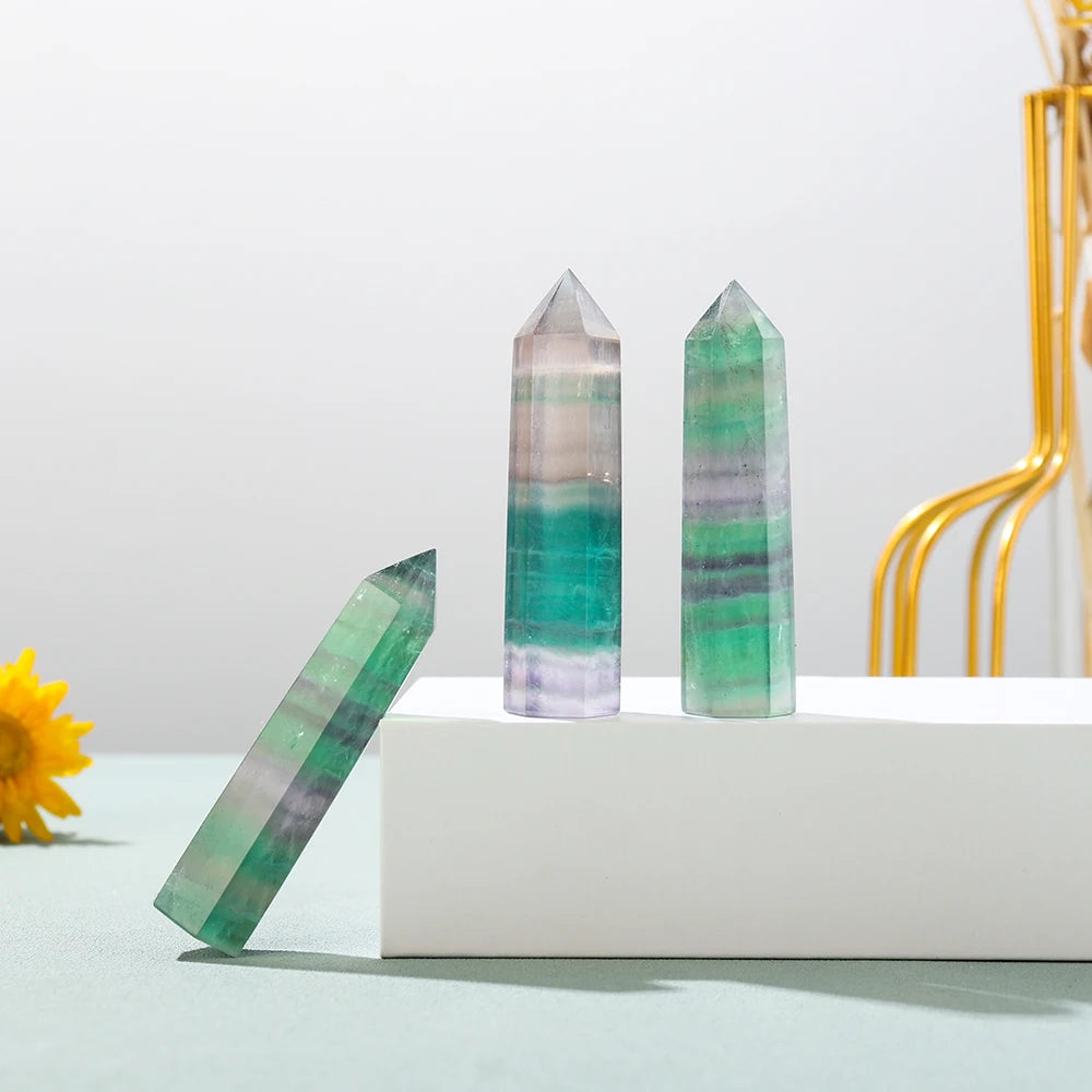 Natural Stone Striped Crystal Fluorite Hand Made Hexagonal Point with Green Fluorite Raw Magic Wand for Desktop Decoration