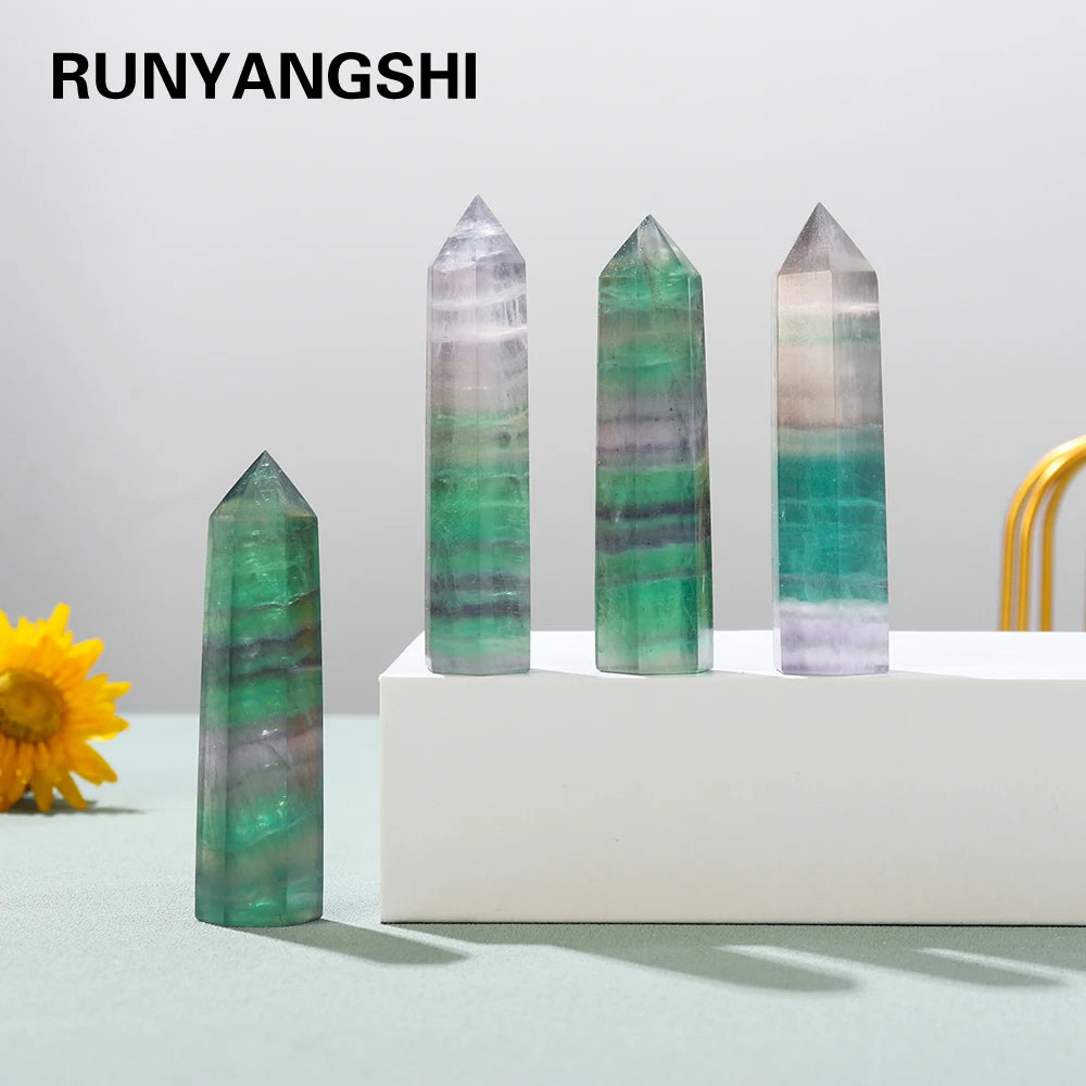 Natural Stone Striped Crystal Fluorite Hand Made Hexagonal Point with Green Fluorite Raw Magic Wand for Desktop Decoration