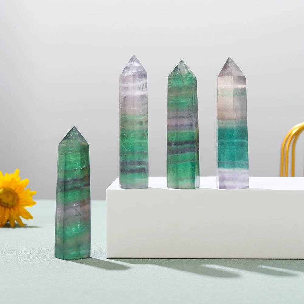 Natural Stone Striped Crystal Fluorite Hand Made Hexagonal Point with Green Fluorite Raw Magic Wand for Desktop Decoration