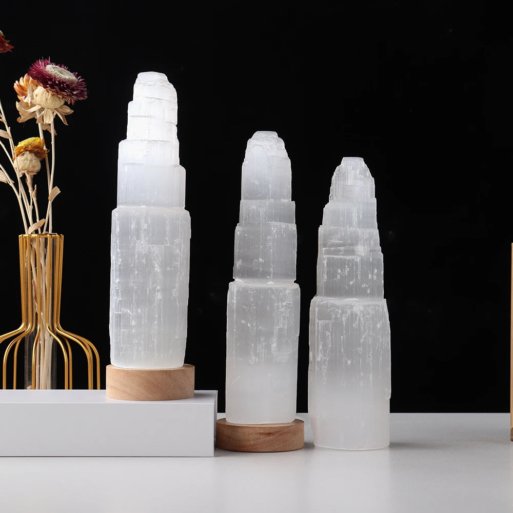 Natural White Selenite Tower Lamp Healing Mineral Specimen Collection Gypsum Ice Berg Carved Crafts Lamp Crystal Decoration Gift