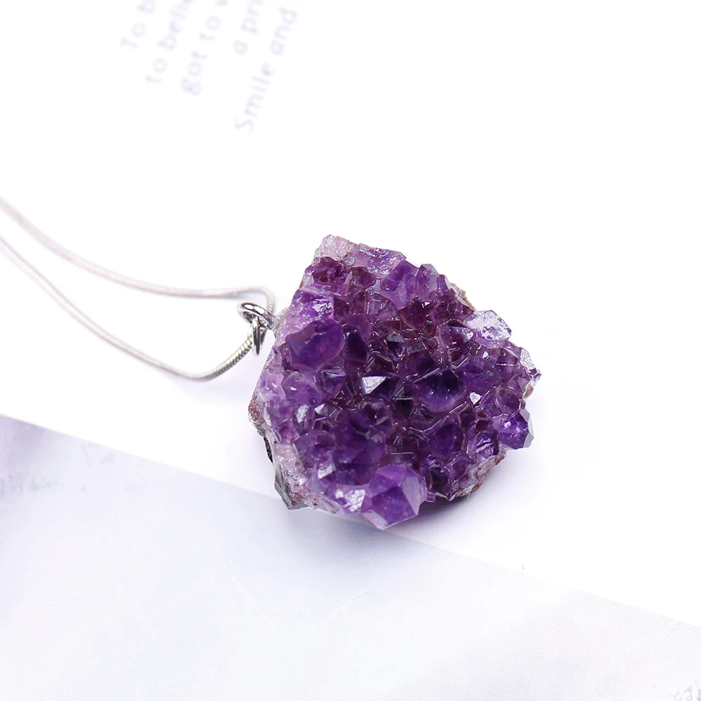 Natural crystal Necklace Raw Amethyst Quartz Purple Crystal Cluster pendant Healing Stones Specimen Home Decoration Crafts