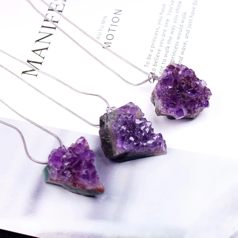 Natural crystal Necklace Raw Amethyst Quartz Purple Crystal Cluster pendant Healing Stones Specimen Home Decoration Crafts