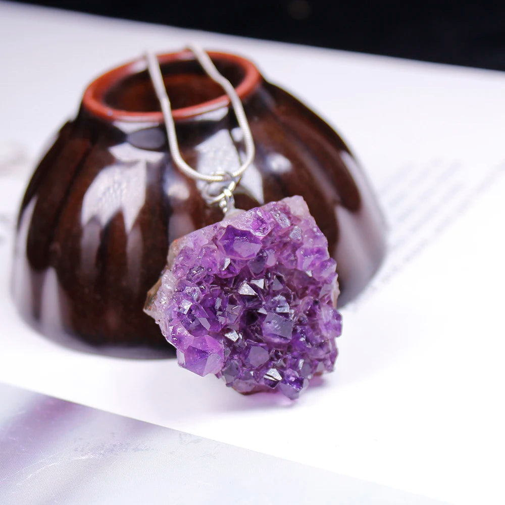 Natural crystal Necklace Raw Amethyst Quartz Purple Crystal Cluster pendant Healing Stones Specimen Home Decoration Crafts