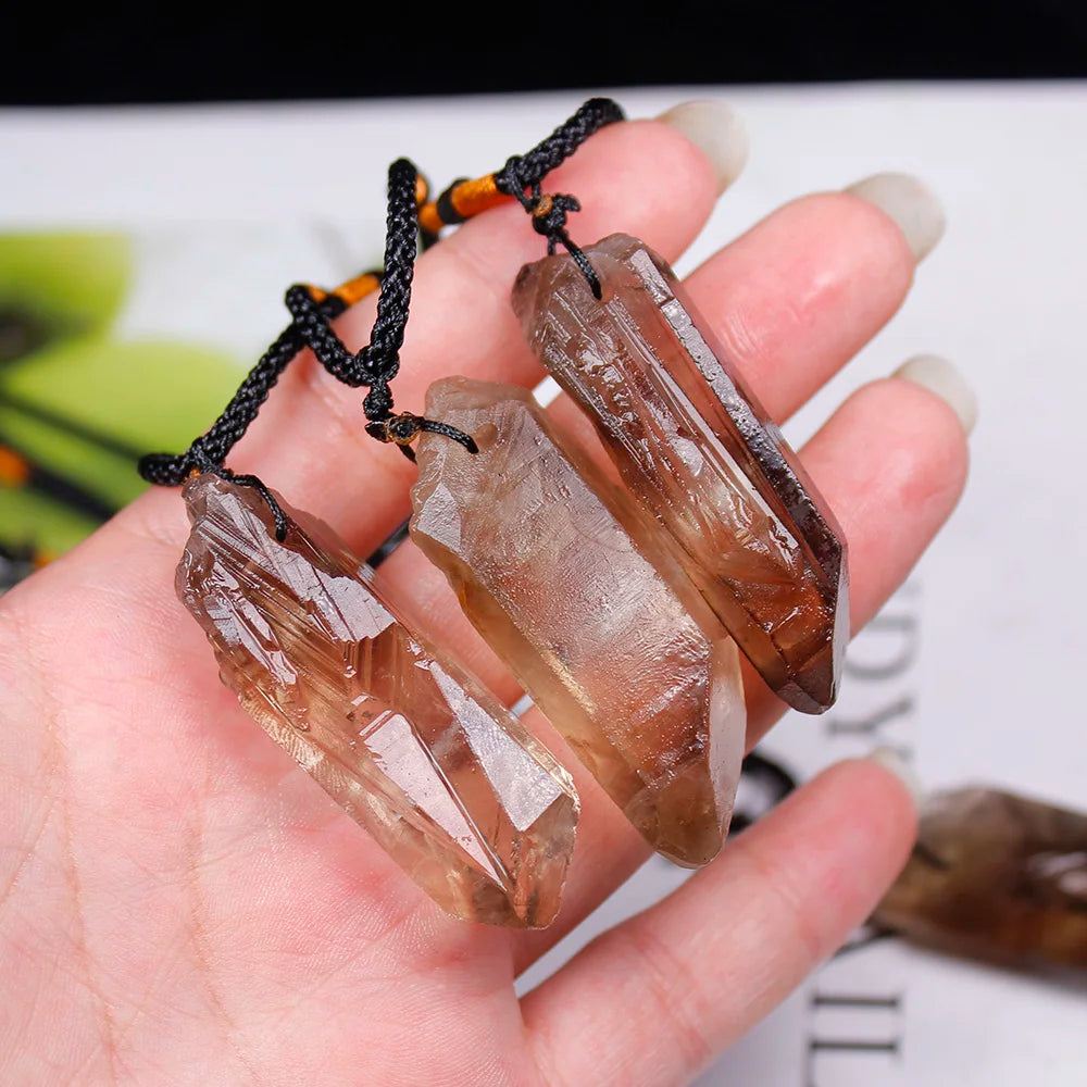 Natural crystal smokey quartz pendant Crystal Single Crystal Tea yellow crystal Raw Stone Necklace magic wand