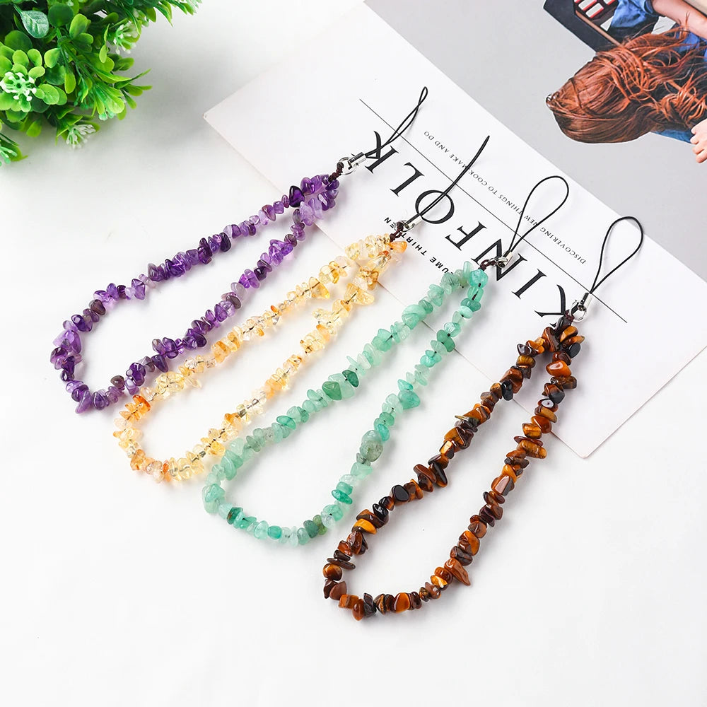 Phone Chain Hanging Natural Stone Crystal Gravel  DIY Key Buckle Mobile Pendant Healing Gemstone Phone Cord Rope Hanging Cord