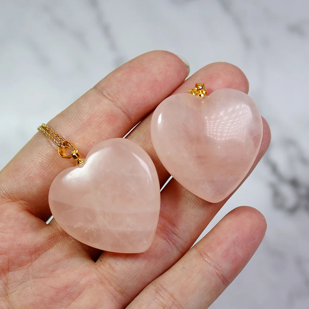 Buyde 1 pc   Natural Rose Quartzs GemStone Bead pink crystal Heart Gold Plated Reiki  stone Chakra Pendant Necklace