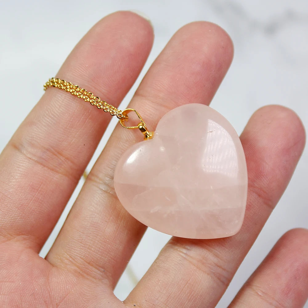 Buyde 1 pc   Natural Rose Quartzs GemStone Bead pink crystal Heart Gold Plated Reiki  stone Chakra Pendant Necklace