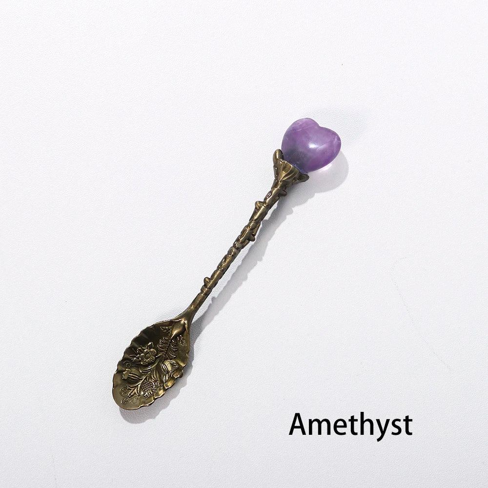 Buyde 1pc Carved Coffee Teaspoon Natural Crystal Heart-shaped Energy Spoon Healthy Quartz Decoration