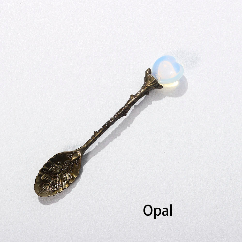 Buyde 1pc Carved Coffee Teaspoon Natural Crystal Heart-shaped Energy Spoon Healthy Quartz Decoration