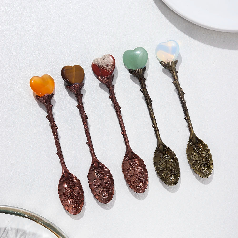 Buyde 1pc Carved Coffee Teaspoon Natural Crystal Heart-shaped Energy Spoon Healthy Quartz Decoration