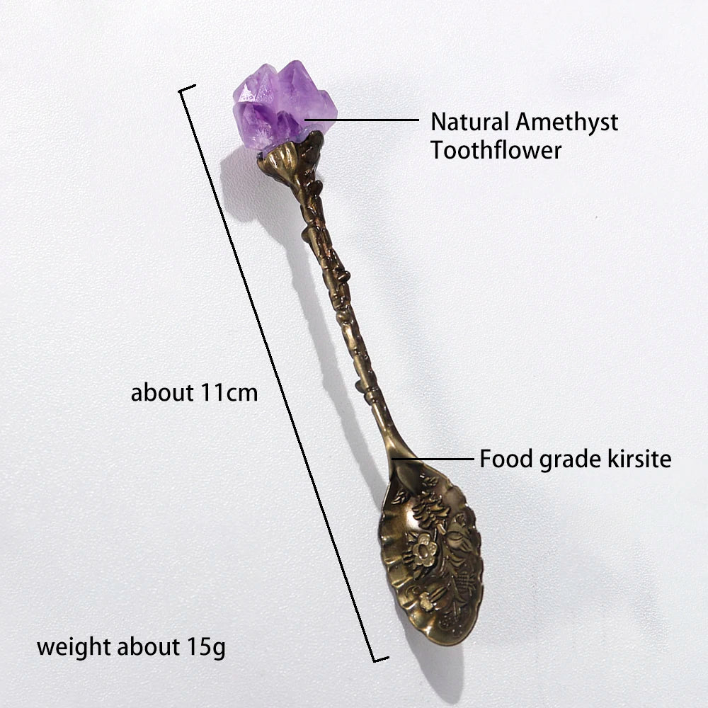 Buyde 1pc Natural Amethyst Cluster Teaspoon Energy Crystal Tooth Flower Gem Sweetmeats Spoon Decorate Gift