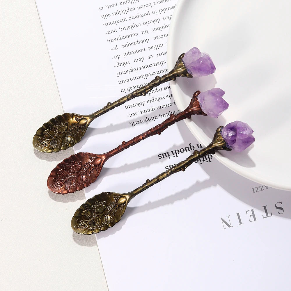 Buyde 1pc Natural Amethyst Cluster Teaspoon Energy Crystal Tooth Flower Gem Sweetmeats Spoon Decorate Gift