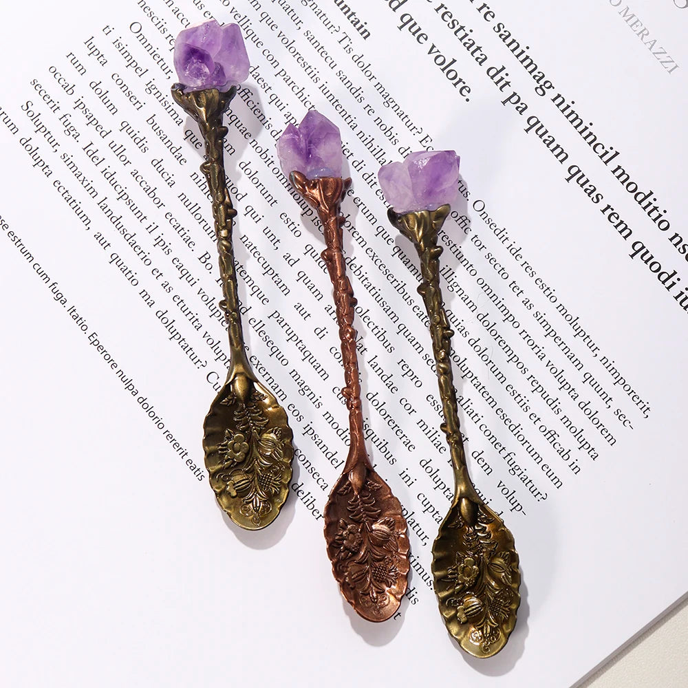 Buyde 1pc Natural Amethyst Cluster Teaspoon Energy Crystal Tooth Flower Gem Sweetmeats Spoon Decorate Gift