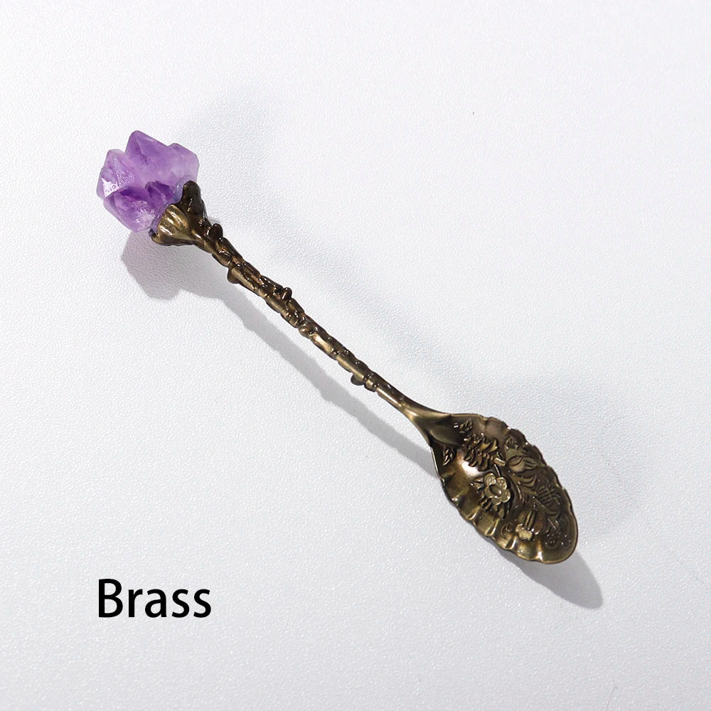 Buyde 1pc Natural Amethyst Cluster Teaspoon Energy Crystal Tooth Flower Gem Sweetmeats Spoon Decorate Gift