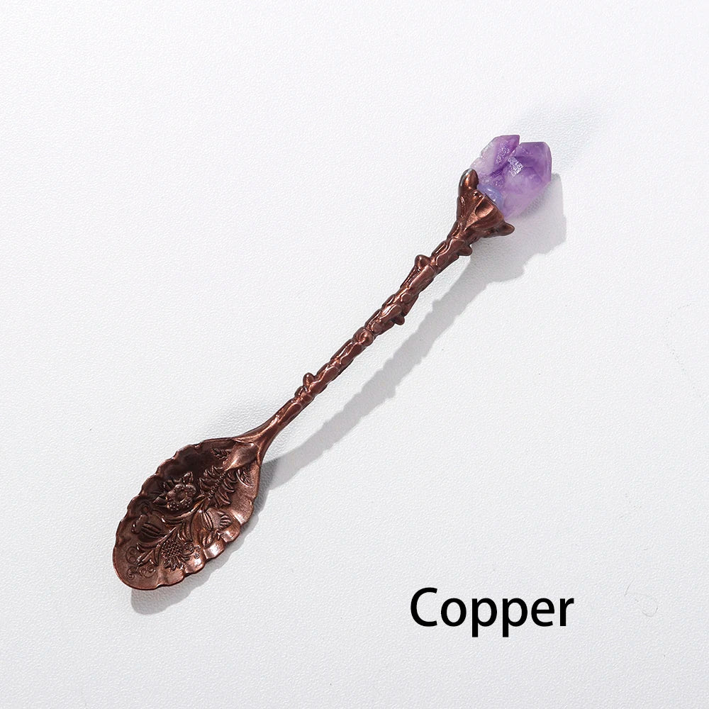 Buyde 1pc Natural Amethyst Cluster Teaspoon Energy Crystal Tooth Flower Gem Sweetmeats Spoon Decorate Gift