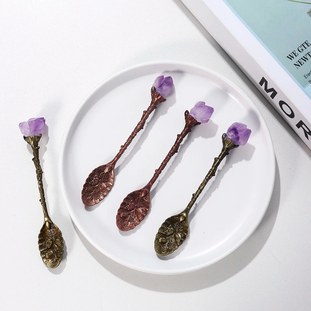 Buyde 1pc Natural Amethyst Cluster Teaspoon Energy Crystal Tooth Flower Gem Sweetmeats Spoon Decorate Gift