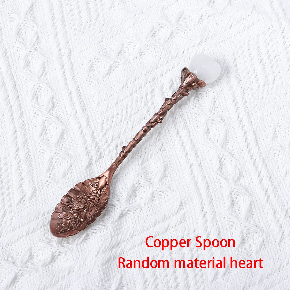 Buyde 1pc Natural Crystal Heart Teaspoon Energy Rose Quartz Kitchen Decoration Dessert Spoon Mother Gift