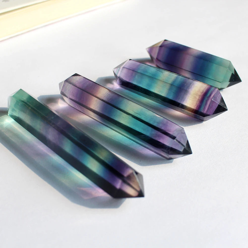 Buyde 1pc Natural Crystal Rainbow Fluorite original stone stripe fluorite hexagonal arris double pointed column