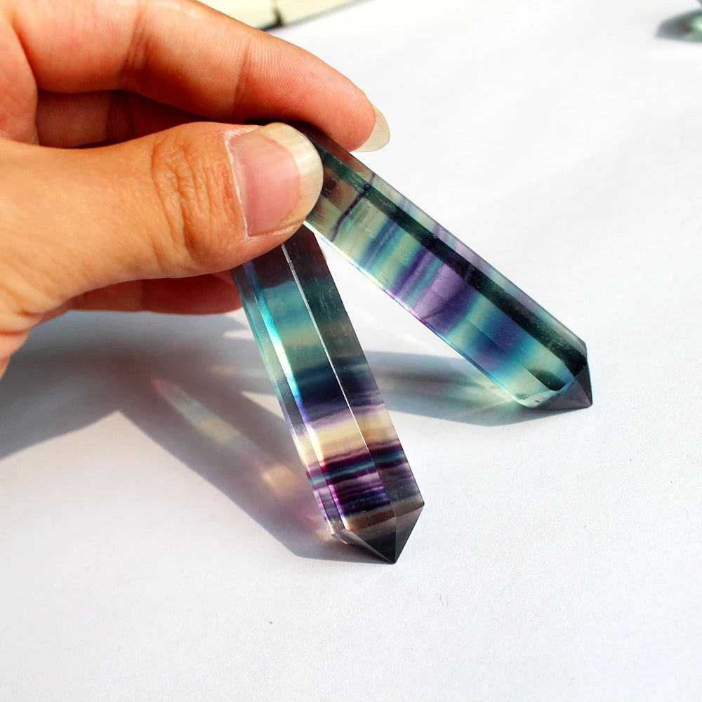 Buyde 1pc Natural Crystal Rainbow Fluorite original stone stripe fluorite hexagonal arris double pointed column