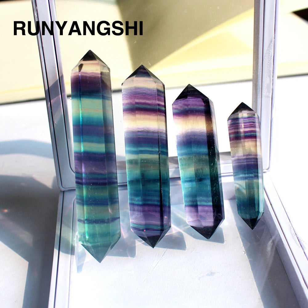 Buyde 1pc Natural Crystal Rainbow Fluorite original stone stripe fluorite hexagonal arris double pointed column