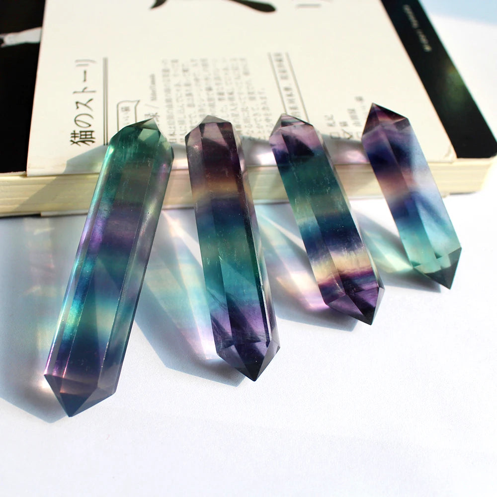 Buyde 1pc Natural Crystal Rainbow Fluorite original stone stripe fluorite hexagonal arris double pointed column