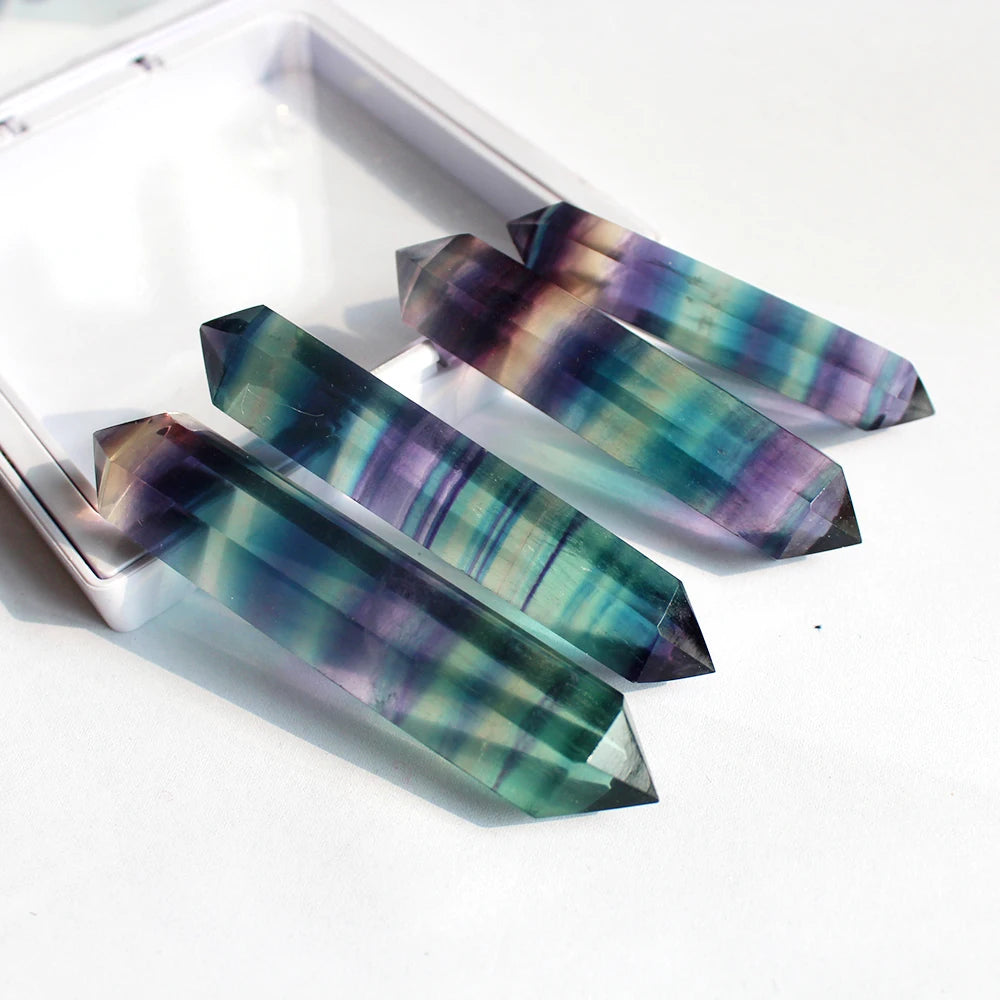 Buyde 1pc Natural Crystal Rainbow Fluorite original stone stripe fluorite hexagonal arris double pointed column