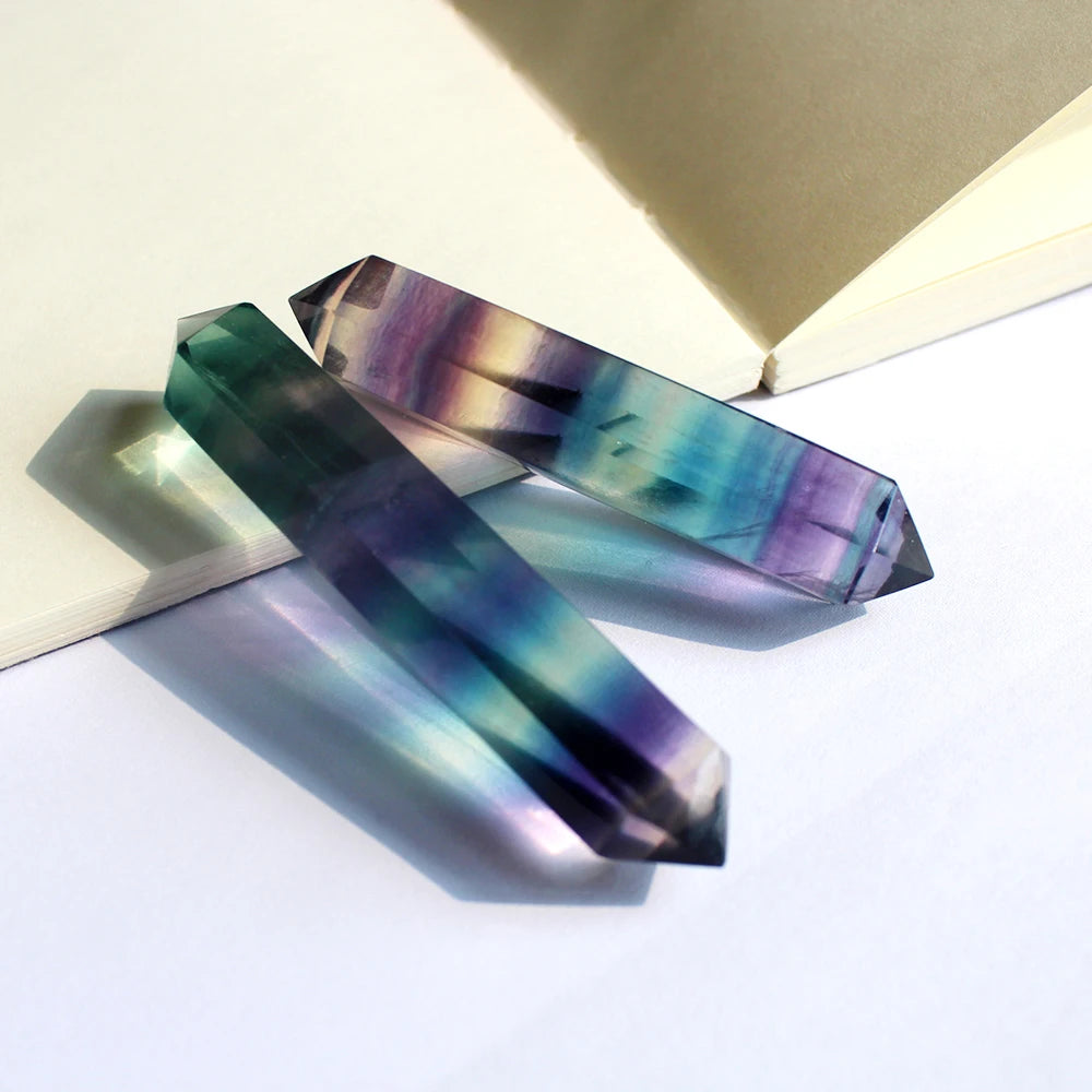 Buyde 1pc Natural Crystal Rainbow Fluorite original stone stripe fluorite hexagonal arris double pointed column