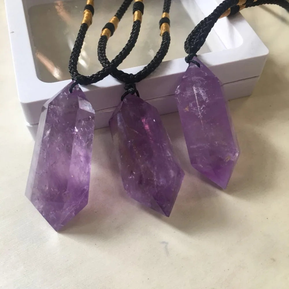 Buyde 1pc Natural Stone Pendants Amethyst Bullet Hexagonal Point Pendulum Column Reiki Healing Chakra Jewelry