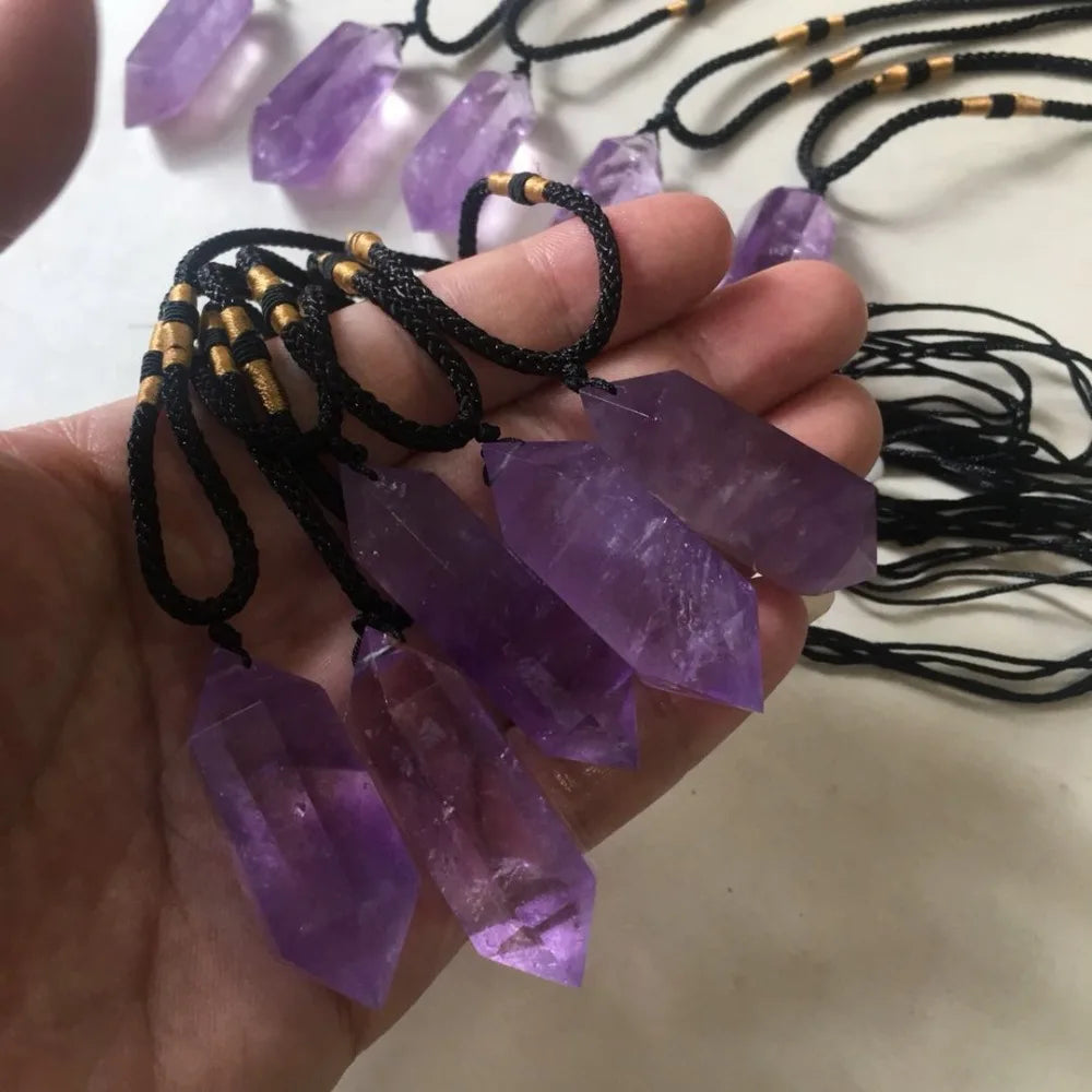 Buyde 1pc Natural Stone Pendants Amethyst Bullet Hexagonal Point Pendulum Column Reiki Healing Chakra Jewelry