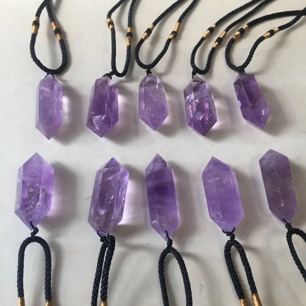 Buyde 1pc Natural Stone Pendants Amethyst Bullet Hexagonal Point Pendulum Column Reiki Healing Chakra Jewelry