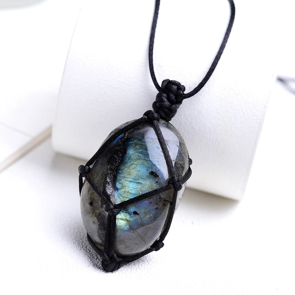 Buyde 1pc Natural crystal original stone pendant  labrador feldspar Hand woven mesh Necklace Moonstone Gemstone ornament