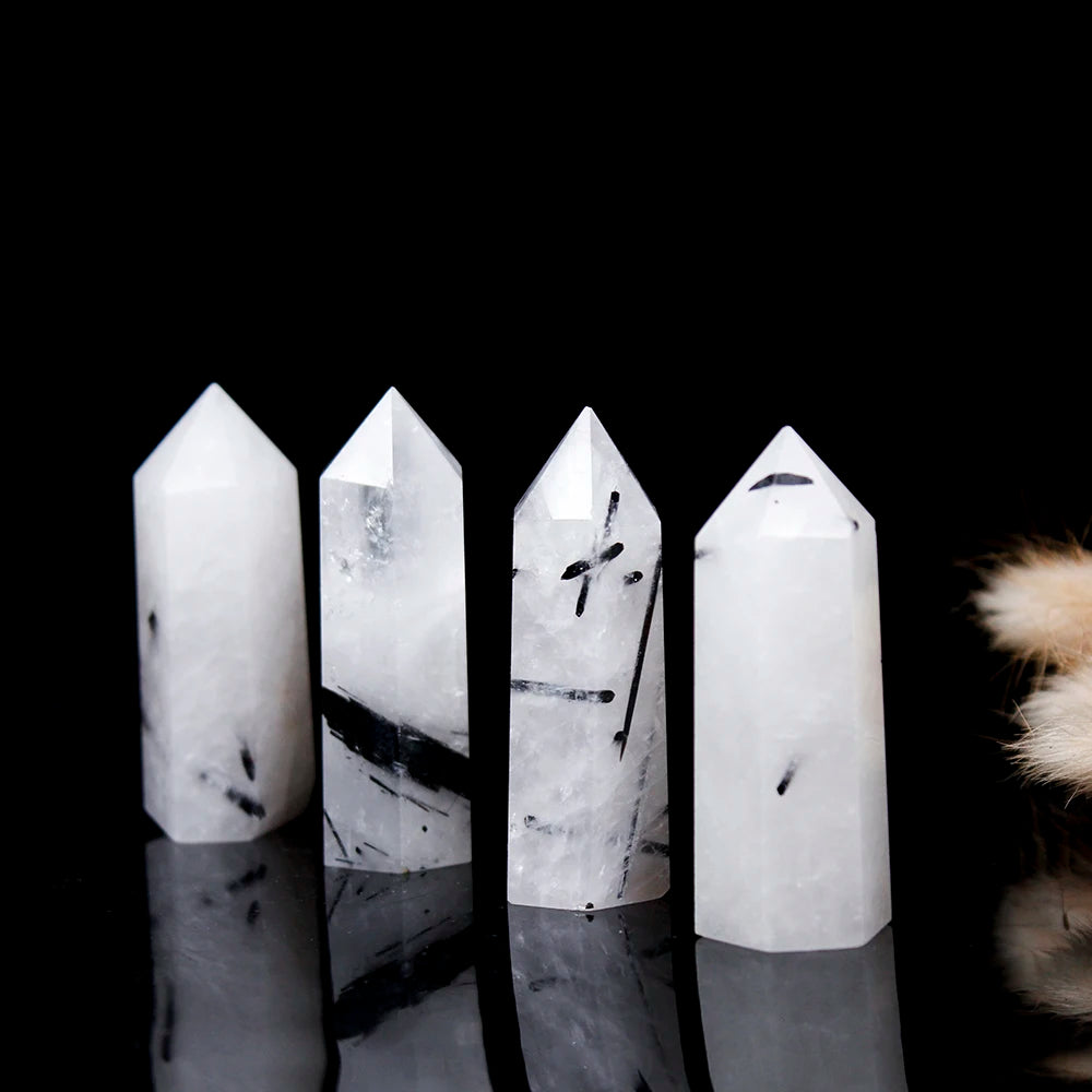 Buyde 1pc Natural single point Black hair quartz crystal hexagonal prism Tourmaline crystal column Energy stone