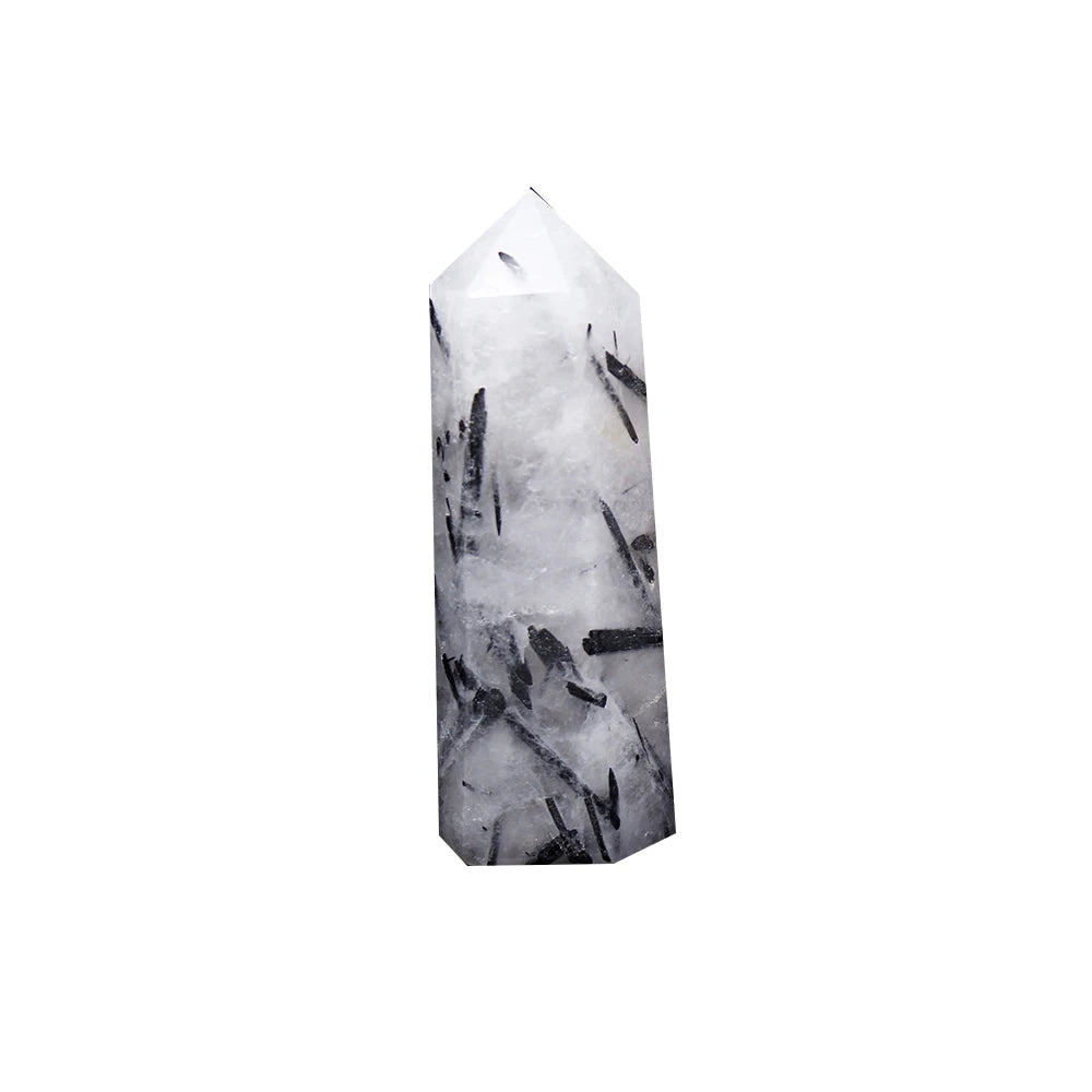 Buyde 1pc Natural single point Black hair quartz crystal hexagonal prism Tourmaline crystal column Energy stone