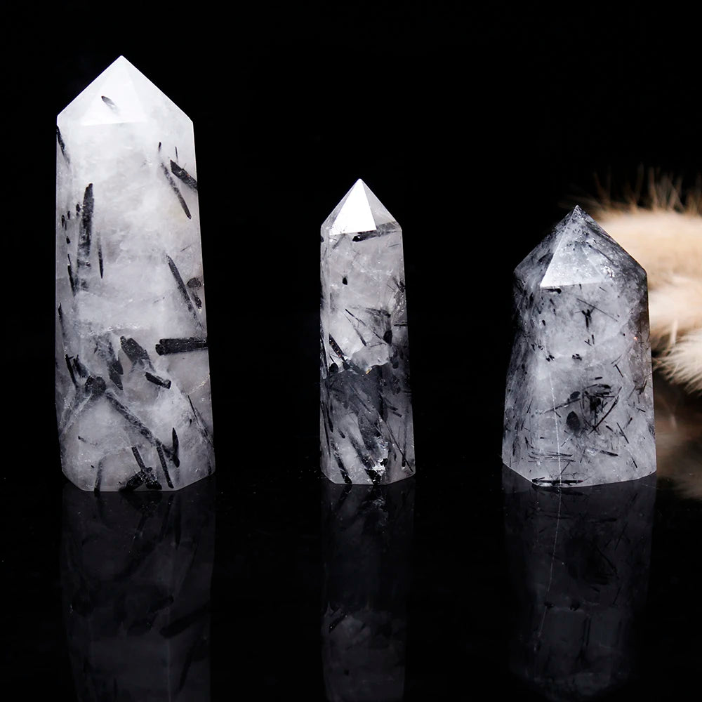 Buyde 1pc Natural single point Black hair quartz crystal hexagonal prism Tourmaline crystal column Energy stone