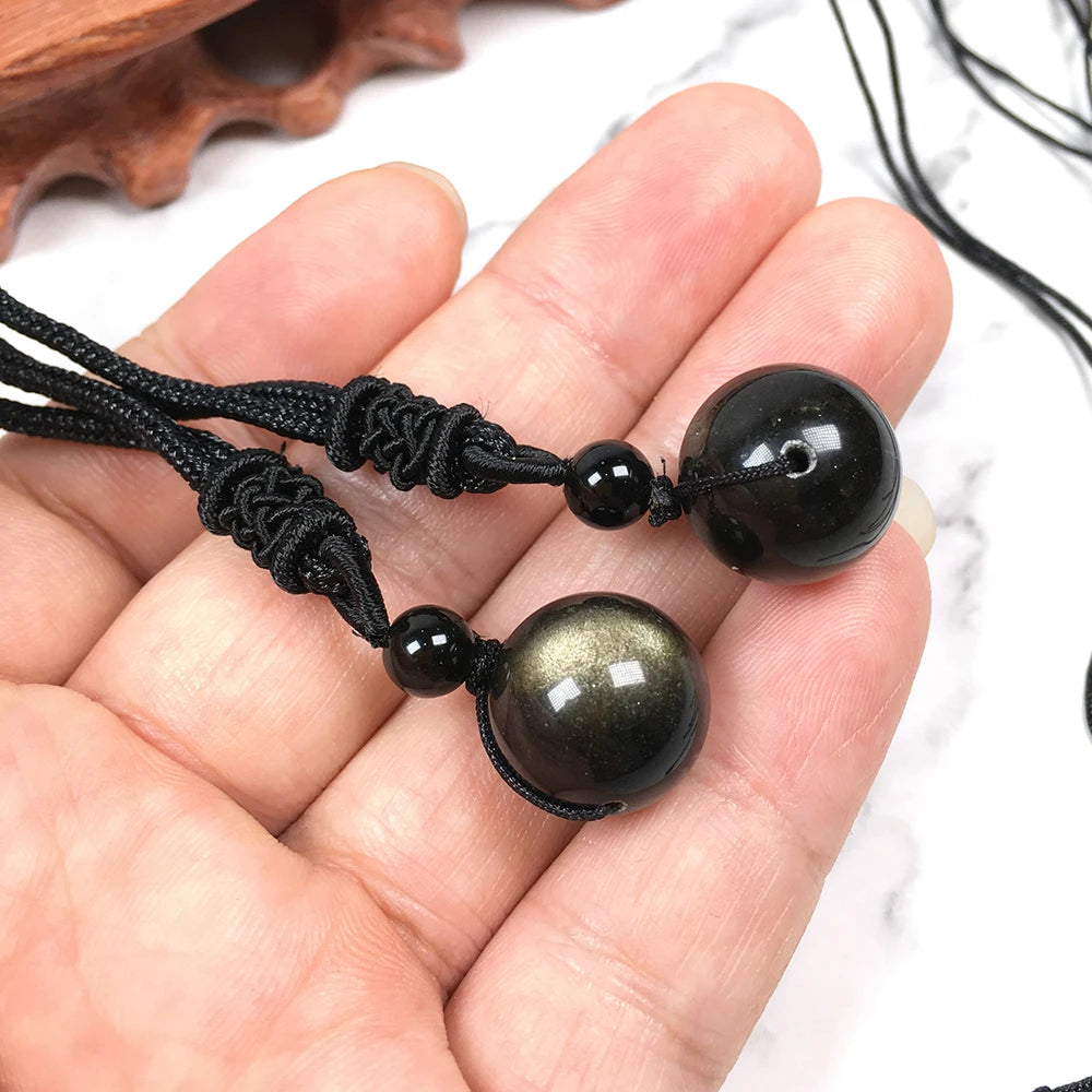 Buyde 1pc golden Obsidian 15mm Bead Pendant Necklace Drop Shipping Good Luck Jewelry For Woman Men