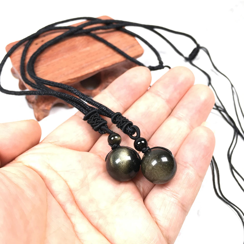 Buyde 1pc golden Obsidian 15mm Bead Pendant Necklace Drop Shipping Good Luck Jewelry For Woman Men