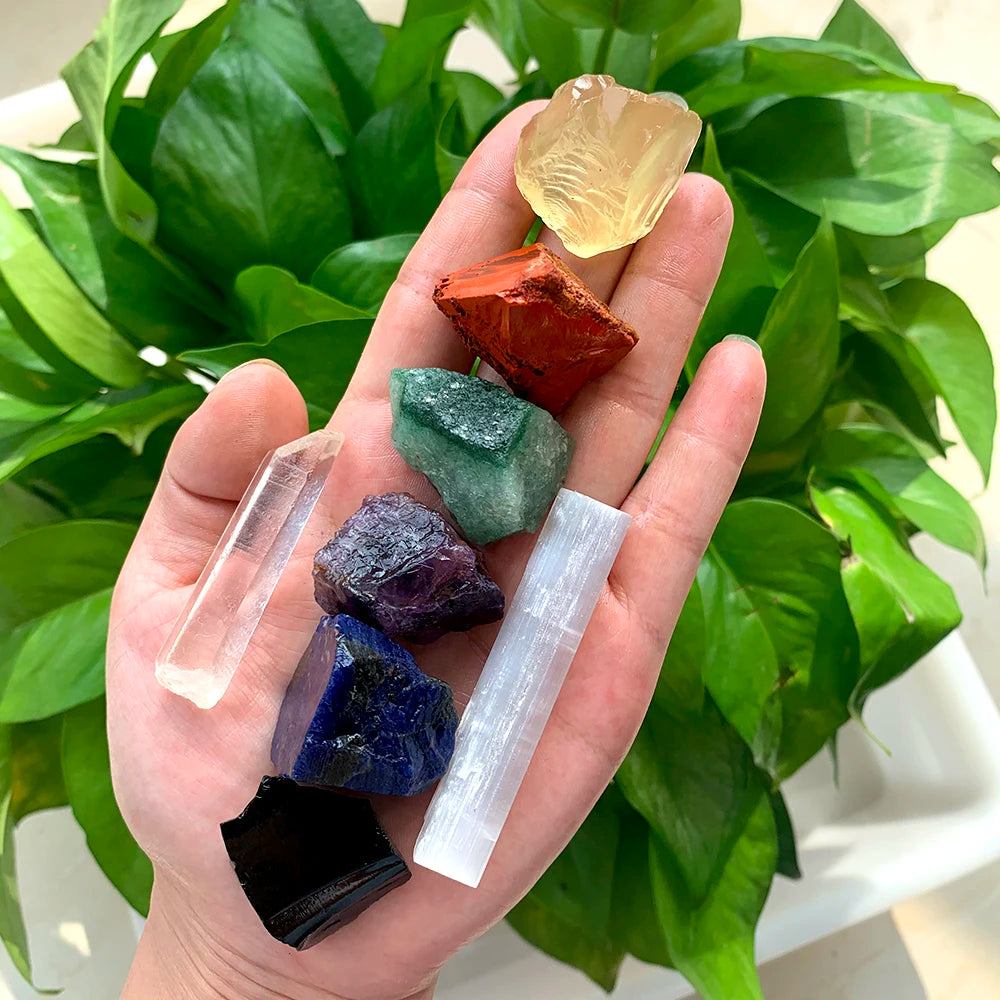 Buyde 1set Natural crystal stone seven chakras  large grain unpolished collection gift DIY ore standard combination