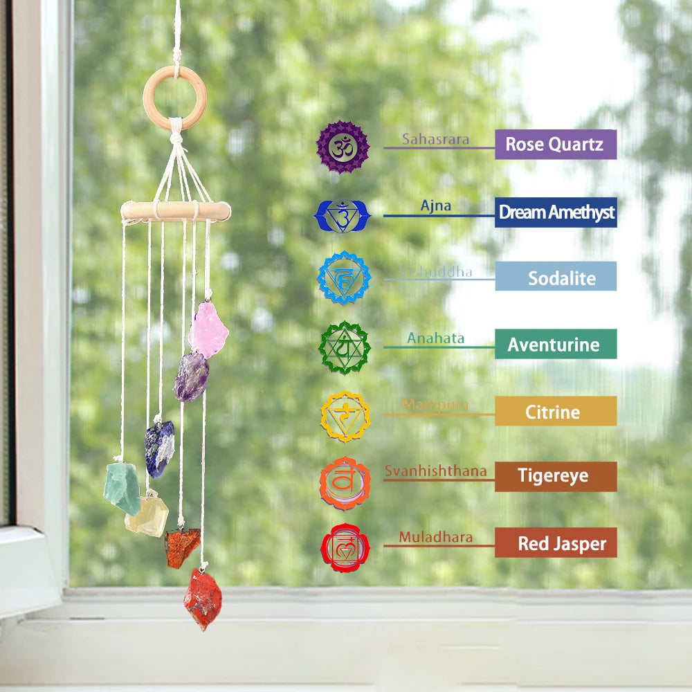 Buyde Natural Crystal Stone Wind Chime Rough Raw Quartz Hanging Pendant Window Ornament Healing Home Decoration