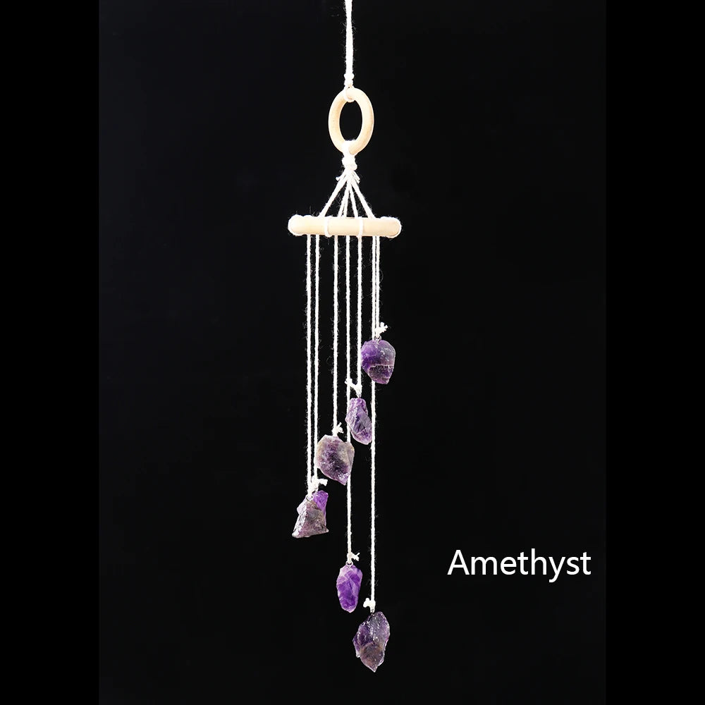 Buyde Natural Crystal Stone Wind Chime Rough Raw Quartz Hanging Pendant Window Ornament Healing Home Decoration