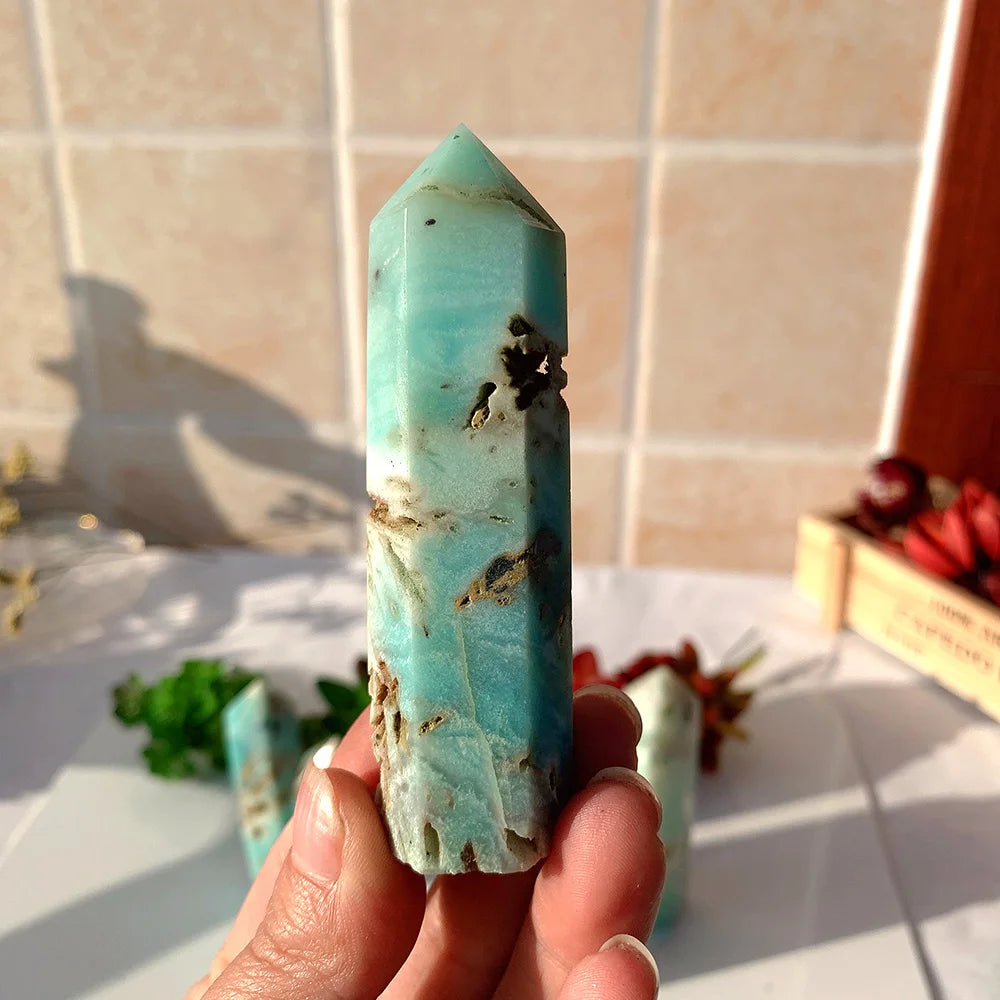 Buyde Natural Stone Wand Blue Sky amazonite Column Energy Tianhe Quartz Tower Decoration Health Gift